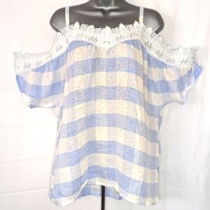Love Scarlett Lace Trim Off Shoulder Women's M Medium Blue and White Str…